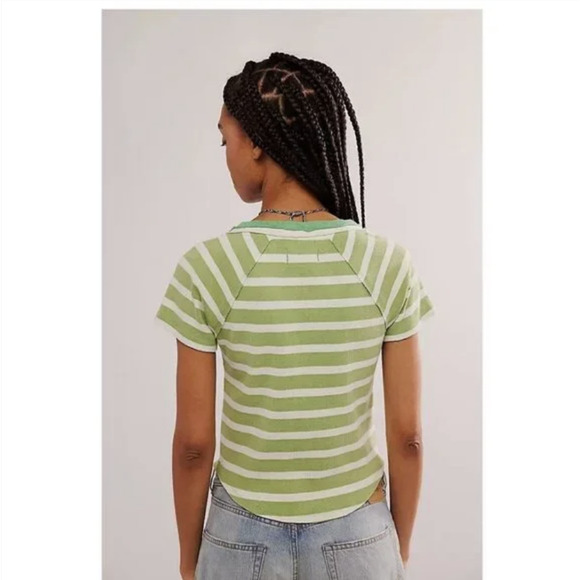 WE THE FREE Petal Pusher Tee Top Green Striped Ribbed Knit Cropped - Picture 4 of 9